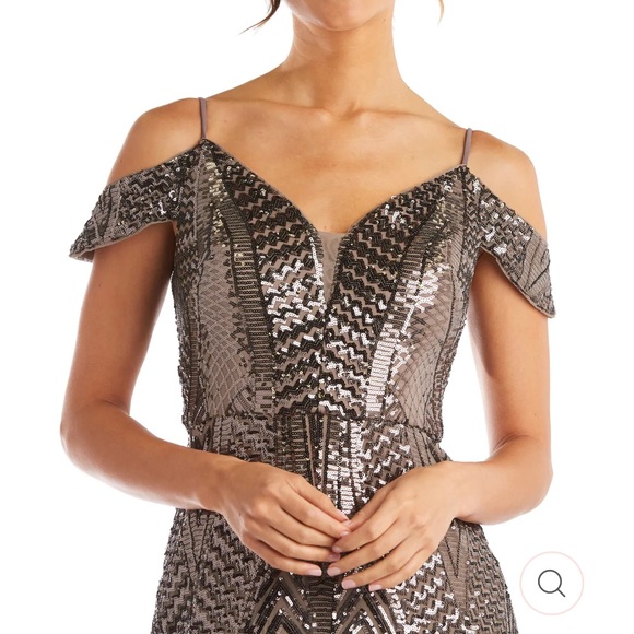 Nightway Off the Shoulder Sequin Gown in Mocha - Picture 3 of 6